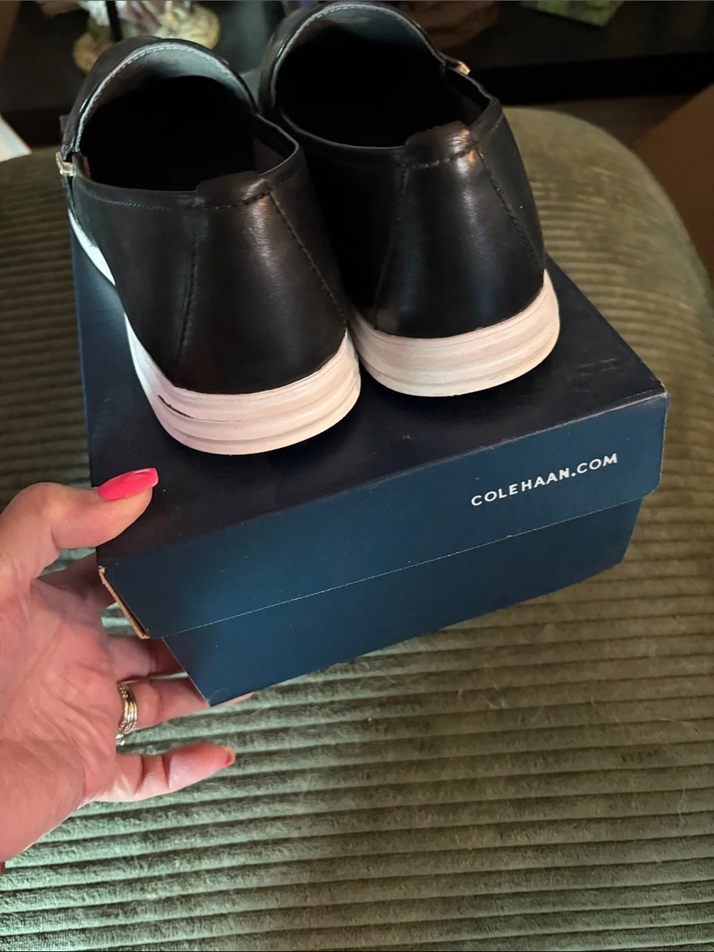 Cole Haan Black Leather Slip-On Loafers with White Sole